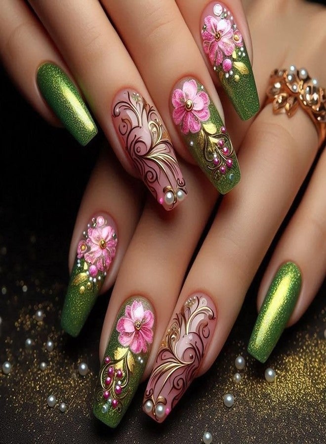 CJDLTS Flower False Nail Green French Tip Press on Nails Long Length Pink Floral Pearl Design Full Cover Gradient Artificial Stick on Nails Ballet Shaped Manicure Acrylic Glue on Nail for Women 24Pcs - Image 1